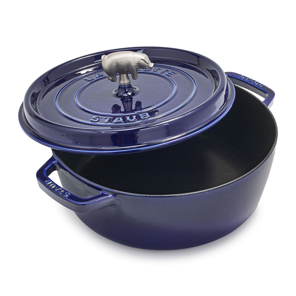 slide 1 of 1, STAUB Cast Iron Cochon Shallow Wide Round Cocotte, Blue, 6 qt