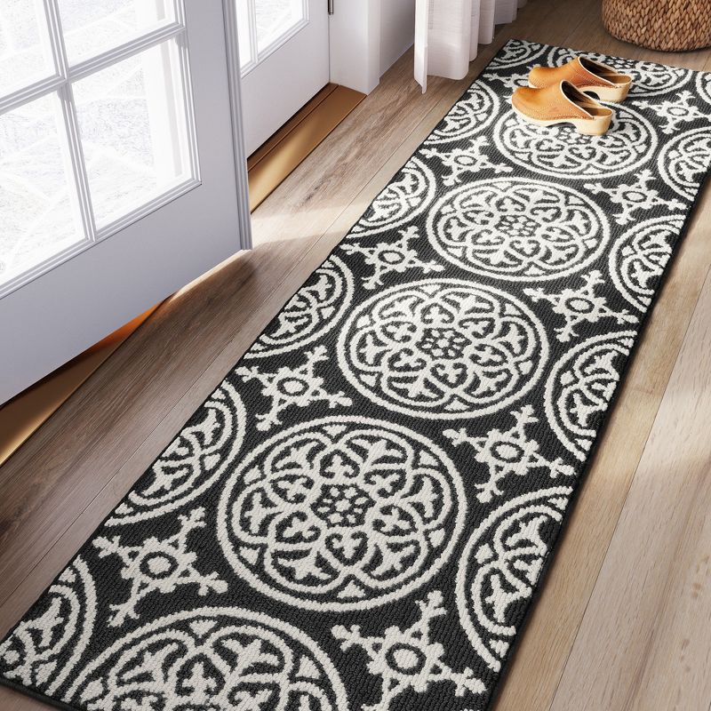 slide 3 of 3, 2'x7' Washable Runner Medallion Tufted And Hooked Rug Gray - Threshold™: Skid-Resistant, Machine Washable, Indoor Use, 1 ct