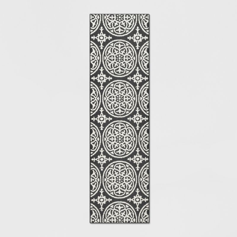 slide 1 of 3, 2'x7' Washable Runner Medallion Tufted And Hooked Rug Gray - Threshold™: Skid-Resistant, Machine Washable, Indoor Use, 1 ct