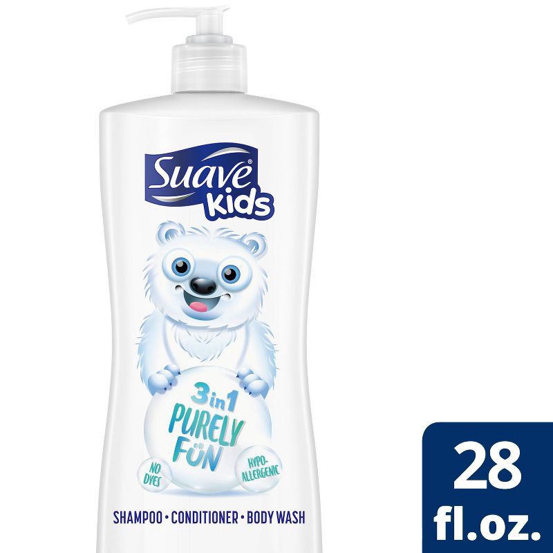 slide 1 of 4, Suave Kids' Moisturizing 3-in-1 Purely Fun Pump Shampoo + Conditioner + Body Wash - 28 fl oz, 28 fl oz