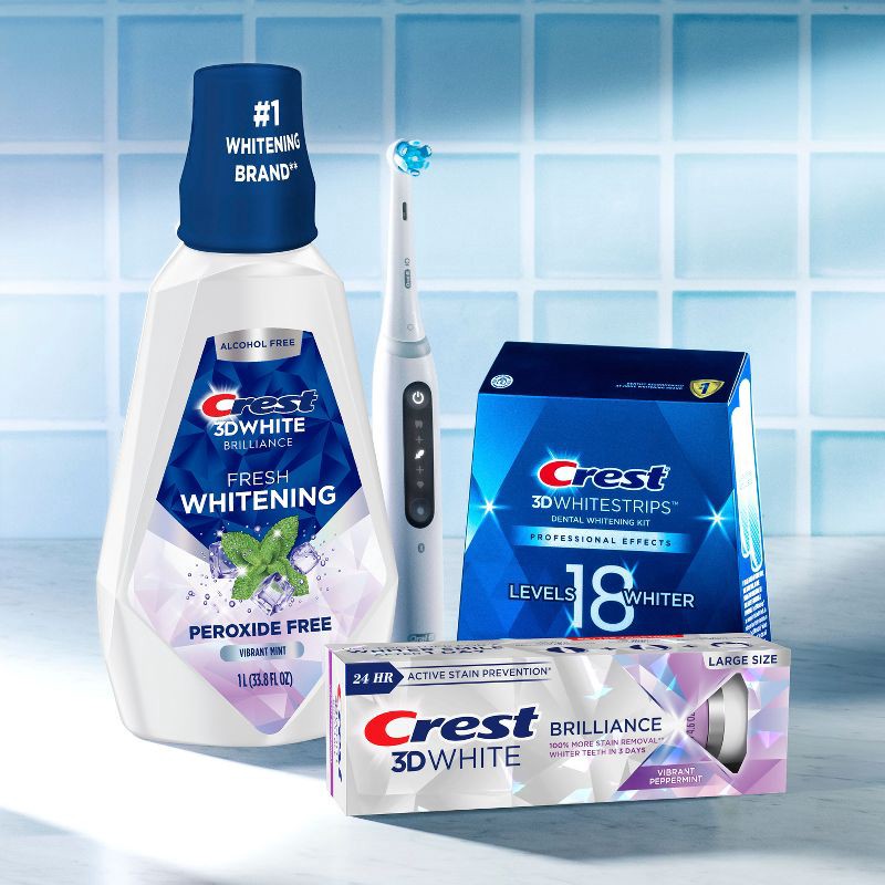 slide 6 of 9, Crest 3D White Brilliance Alcohol Free Whitening Mouthwash, Clean Mint - 33.8 fl oz, 33.8 fl oz