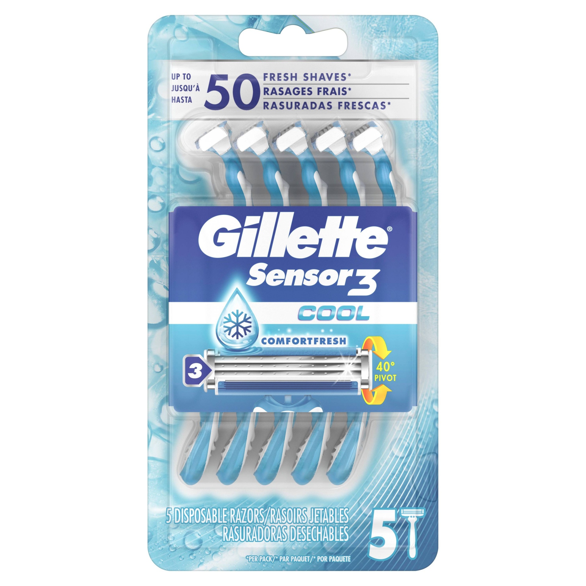 slide 1 of 9, Gillette Sensor3 Cool Men's Disposable Razors, 5 ct