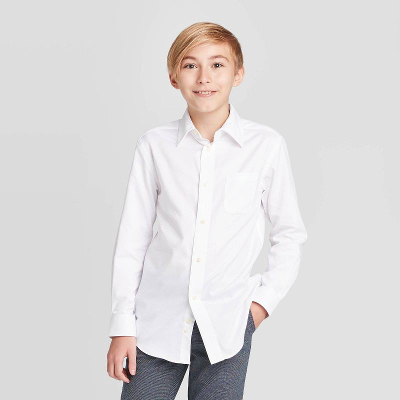 slide 1 of 3, Boys' Long Sleeve Woven Button-Down Shirt - Cat & Jack™ White XS: Classic Herringbone Pattern, Twill Fabric, 1 ct