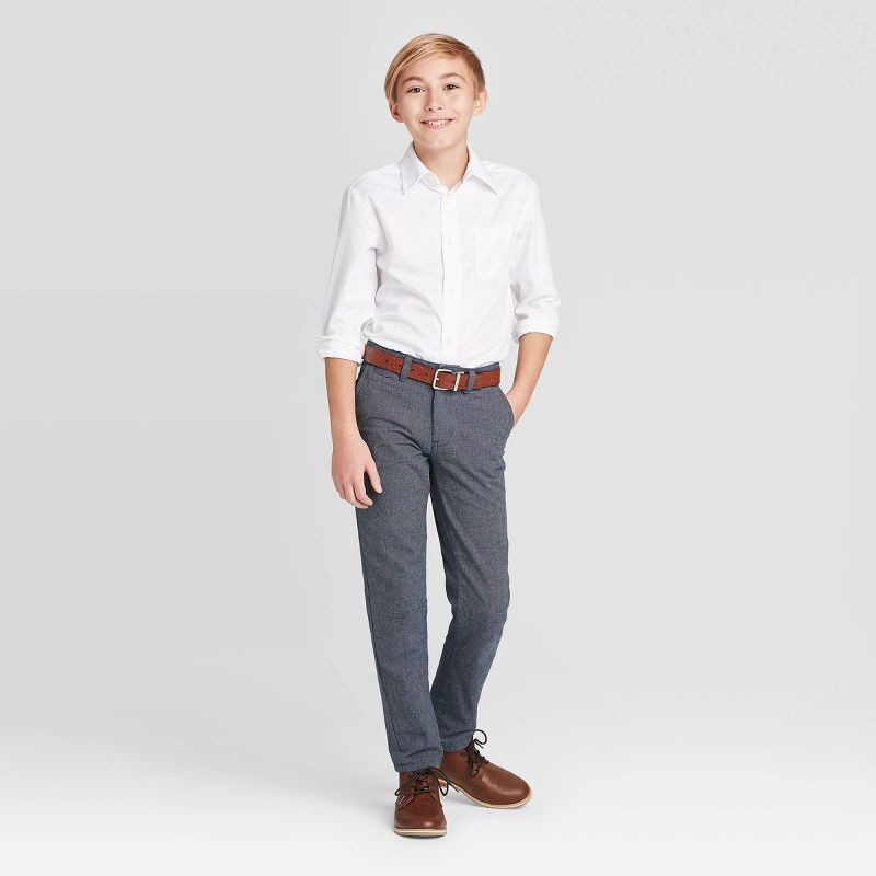 slide 3 of 3, Boys' Long Sleeve Woven Button-Down Shirt - Cat & Jack™ White S: Classic Herringbone Pattern, Cotton-Polyester Blend, Twill Construction, 1 ct