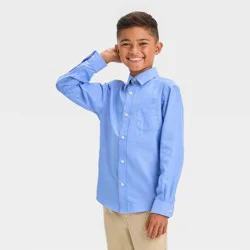 Boys' Long Sleeve Woven Button-Down Shirt - Cat & Jack™ Light Blue L: Cotton-Polyester Blend, Herringbone Pattern,