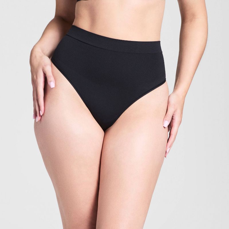 slide 1 of 3, ASSETS by SPANX Women's All Around Smoothers Thong - Black M: Medium Control Top, Tummy Slimming Shapewear, 1 ct