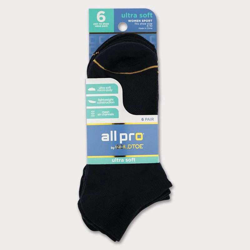 slide 2 of 3, All Pro Women's 6pk Ultra Soft No show Socks - Black 4-10: Quick Drying, Breathable Mesh, Smooth Toe Seams, 6 ct
