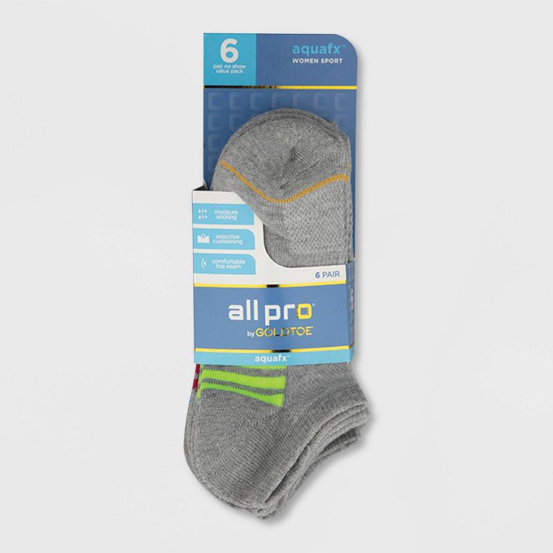 slide 2 of 3, All Pro Women's 6pk Pack Aqua No Show Cush Socks - Gray 4-10: Moisture Wicking, Arch Support, Quick Drying, 6 ct