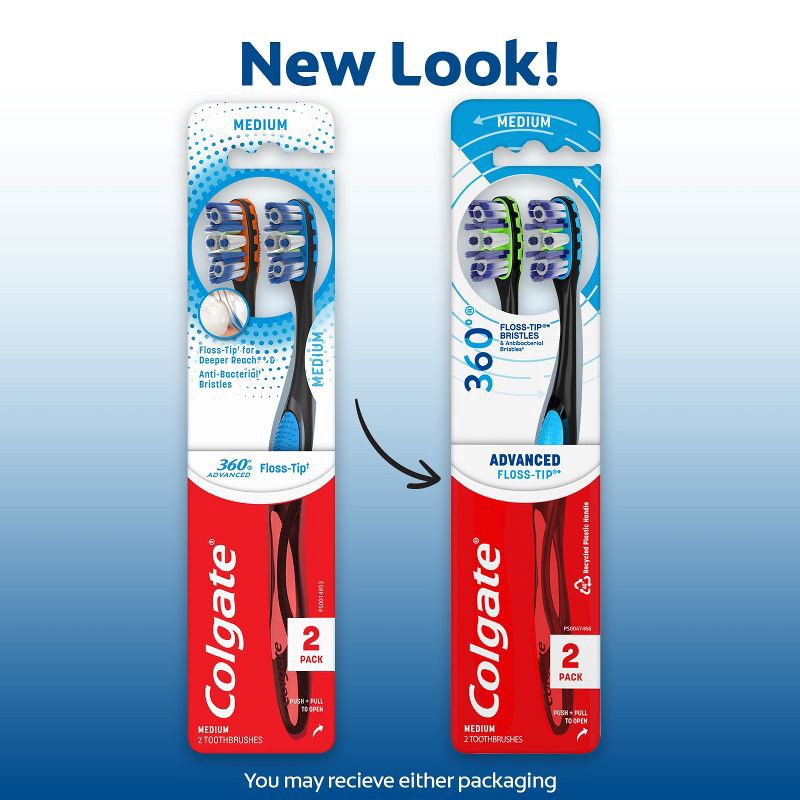 slide 3 of 9, Colgate 360 Total Advanced Floss-Tip Bristles Toothbrush Medium - 2ct, 2 ct