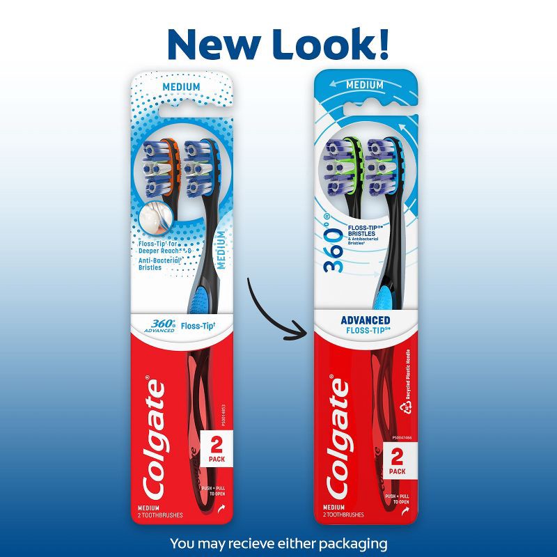 slide 3 of 8, Colgate 360 Total Advanced Floss-Tip Bristles Toothbrush Medium - 2ct, 2 ct