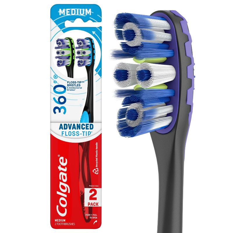 slide 1 of 9, Colgate 360 Total Advanced Floss-Tip Bristles Toothbrush Medium - 2ct, 2 ct