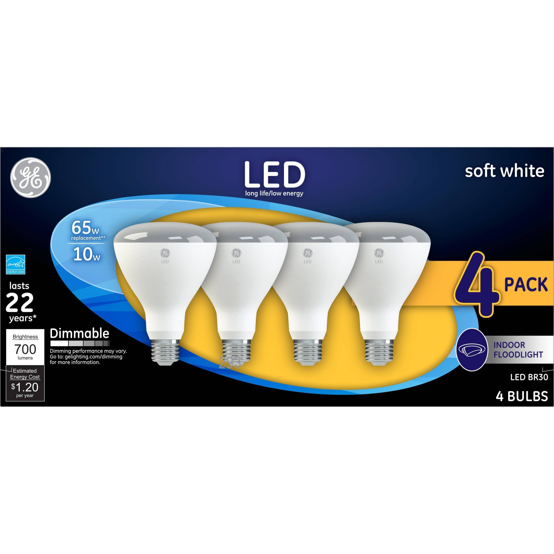 slide 1 of 2, GE Household Lighting GE 4pk 65W BR30 LED Light Bulb White, 4 ct