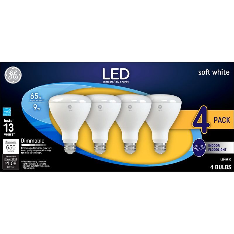 slide 1 of 3, GE Household Lighting GE 4pk 65W BR30 LED Indoor Floodlight Bulb Soft White: Dimmable Recessed Lightbulbs, Energy Star Certified, 2700K, 4 ct