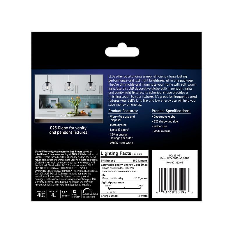 slide 3 of 3, GE Household Lighting GE 2pk 40W G25 LED Globe Light Bulbs Filament Clear Soft White: 120V E26 Dimmable, Energy Star Certified, 350 Lumens, 2 ct