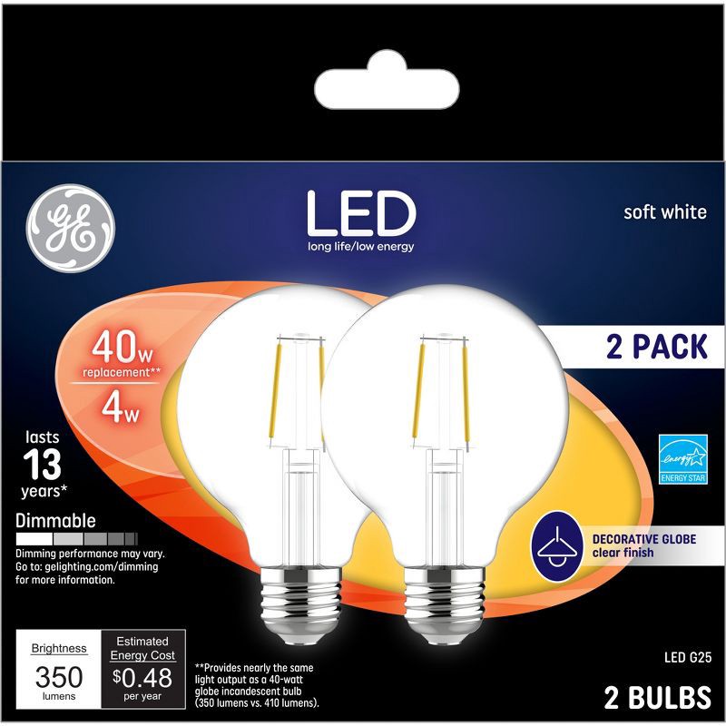 slide 1 of 3, GE Household Lighting GE 2pk 40W G25 LED Globe Light Bulbs Filament Clear Soft White: 120V E26 Dimmable, Energy Star Certified, 350 Lumens, 2 ct