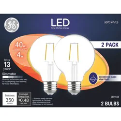 GE Household Lighting GE 2pk 40W G25 LED Globe Light Bulbs Filament Clear Soft White