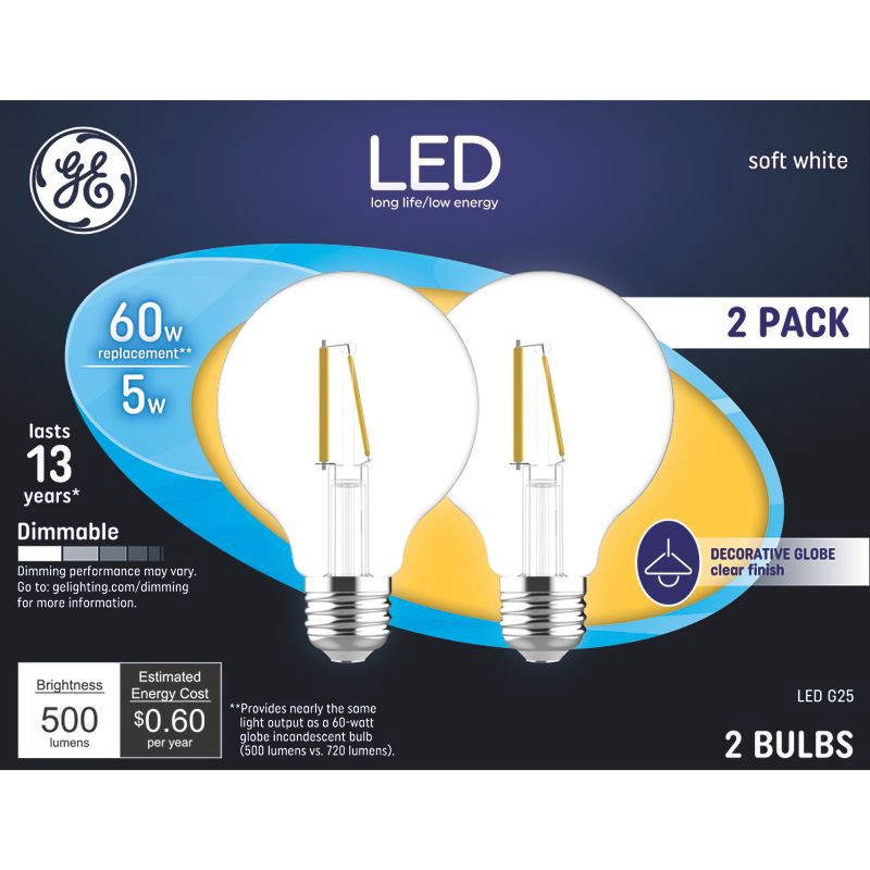 slide 1 of 4, GE Household Lighting GE 2pk 60W G25 LED Globe Filament Clear Light Bulbs Soft White: Round E26 Type A, Bathroom, 500 Lumens, Energy Star Certified, 2 ct