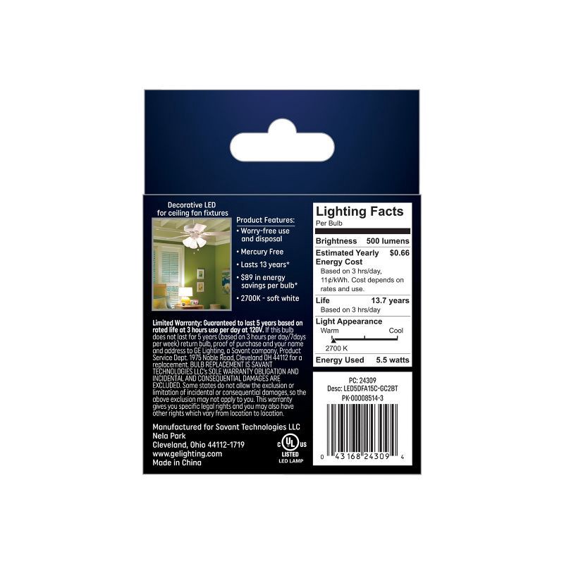 slide 3 of 3, GE Household Lighting GE 2pk 60W A15 LED Ceiling Fan Light Bulbs Clear: E12 Candelabra Base, Dimmable, 500 Lumens, 2700K, 5.5W, 13.7-Year Life, 2 ct