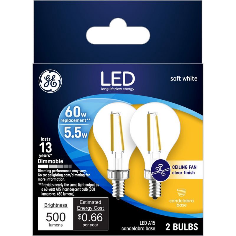 slide 1 of 3, GE Household Lighting GE 2pk 60W A15 LED Ceiling Fan Light Bulbs Clear: E12 Candelabra Base, Dimmable, 500 Lumens, 2700K, 5.5W, 13.7-Year Life, 2 ct