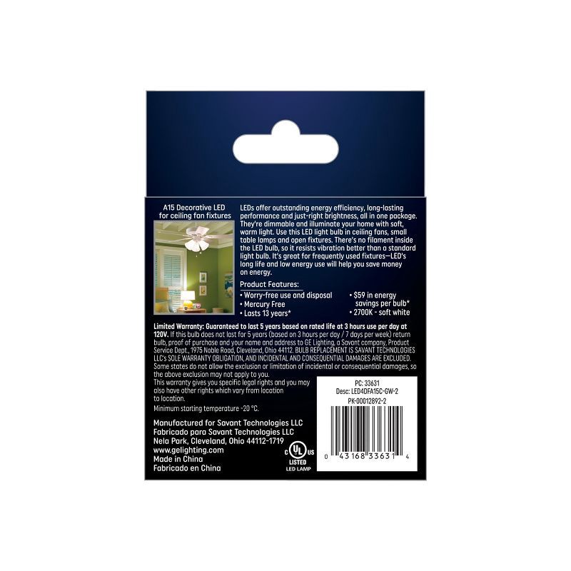 slide 3 of 3, GE Household Lighting GE 2pk 40W A15 LED Ceiling Fan Light Bulbs Soft White: E12 Candelabra Base, Dimmable, 2700K, 300 Lumens, 2 ct