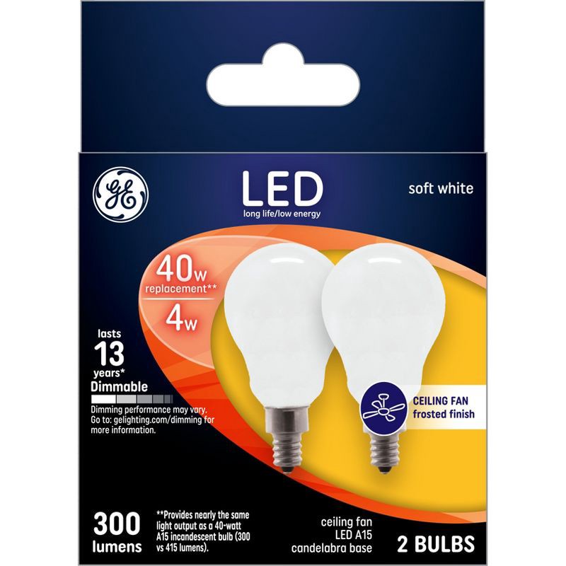 slide 1 of 3, GE Household Lighting GE 2pk 40W A15 LED Ceiling Fan Light Bulbs Soft White: E12 Candelabra Base, Dimmable, 2700K, 300 Lumens, 2 ct