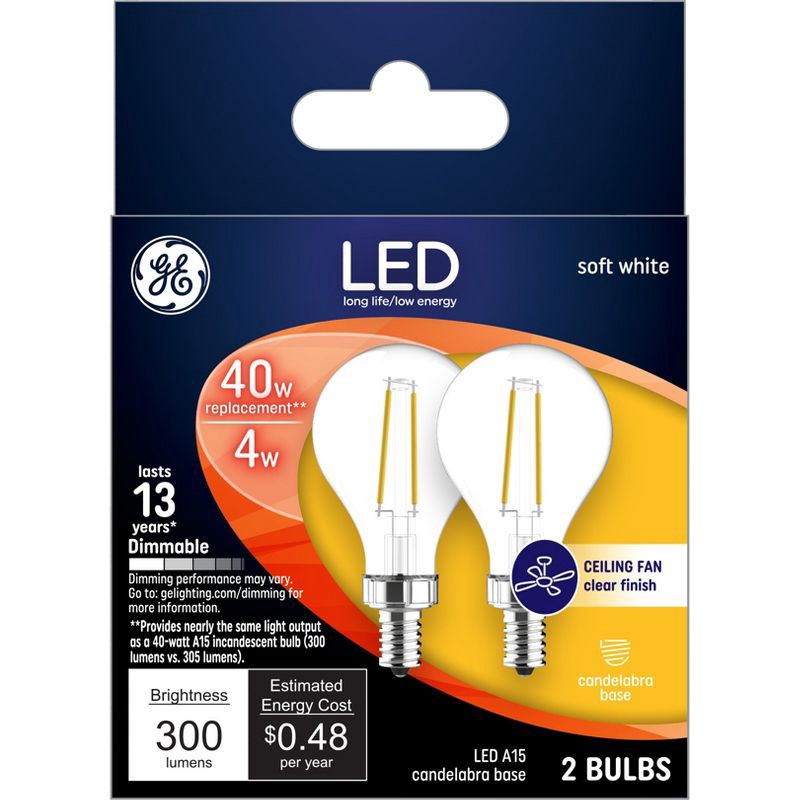 slide 1 of 3, GE Household Lighting GE 2pk 40W A15 LED Ceiling Fan Light Bulbs Clear: Dimmable E12 Candelabra Base, 2700K, 300 Lumens, 13.7-Year Life, 2 ct