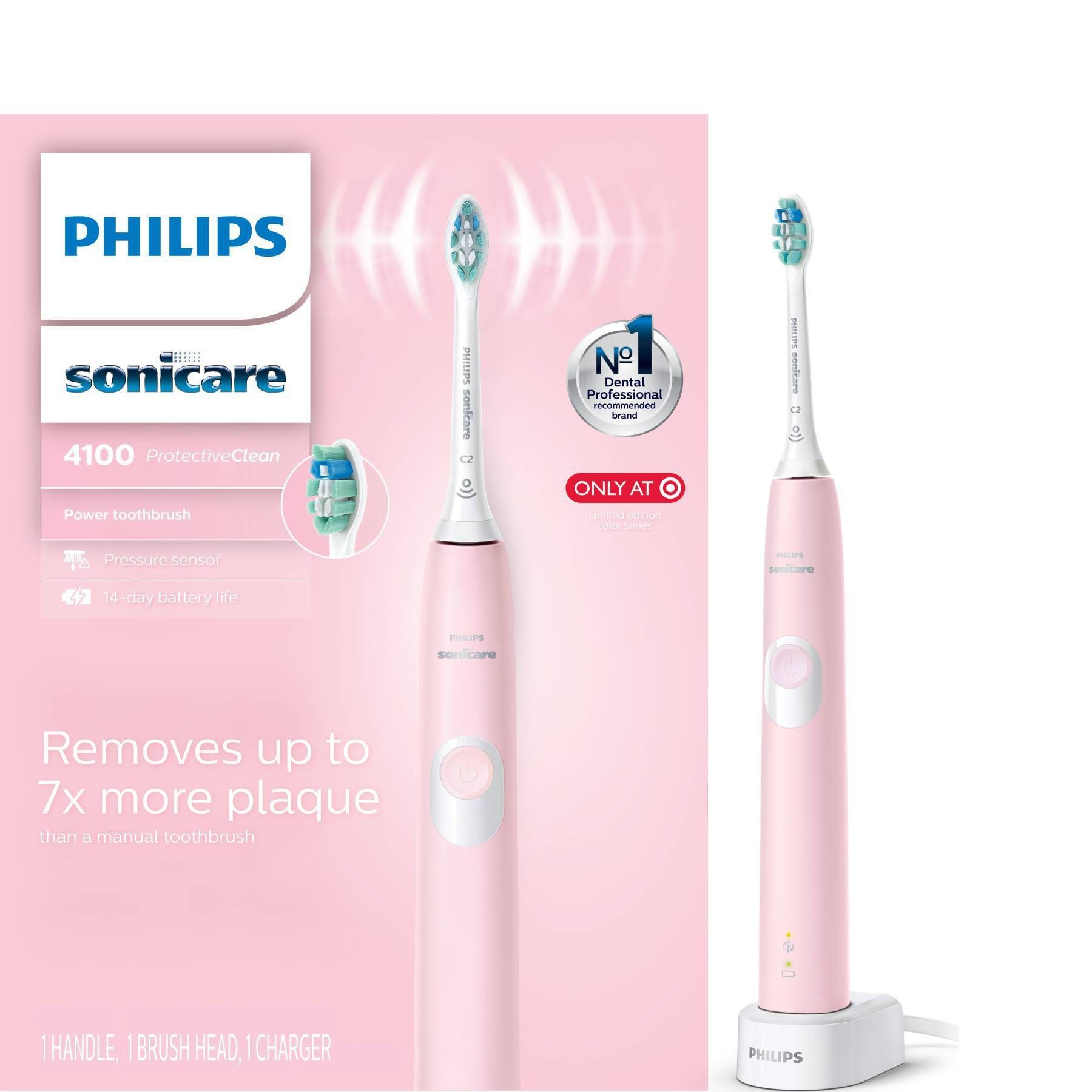 slide 1 of 6, Philips Sonicare Protective Clean 4100 Plaque Control Pink Rechargeable Electric Toothbrush - HX6810/50, 1 ct