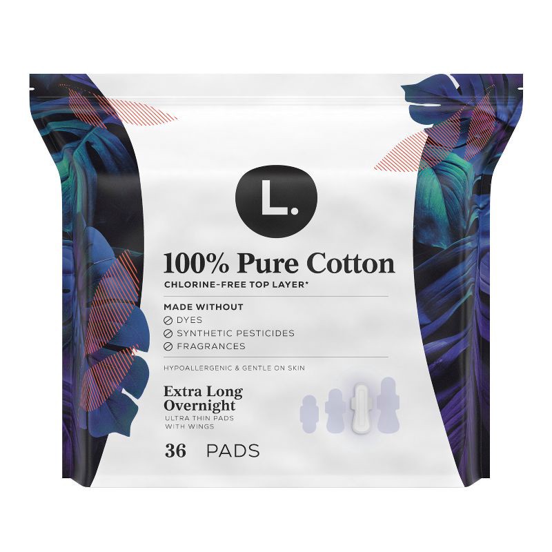 slide 9 of 10, L . Pure Cotton Chlorine Free Top Layer Ultra Thin With Wing Overnight Unscented Absorbency Pads With Wings - 36ct, 36 ct