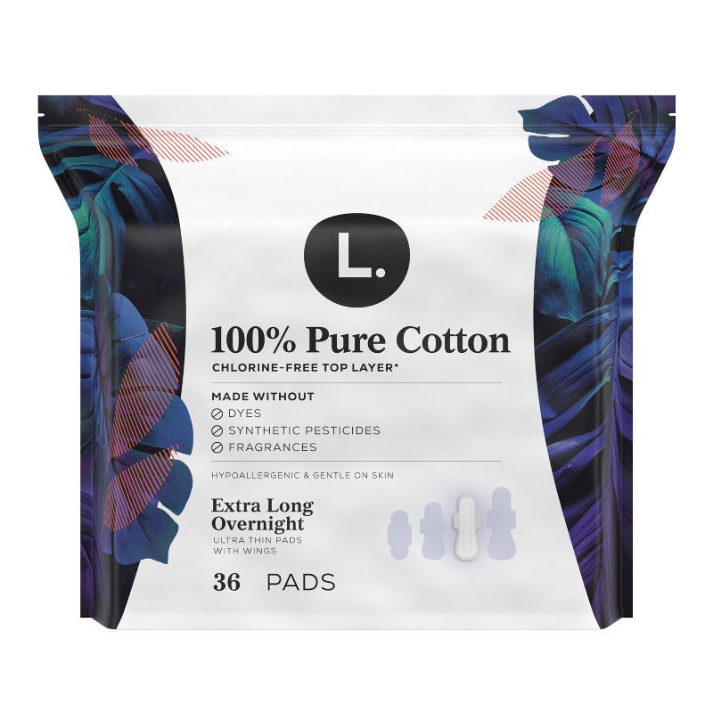 slide 12 of 12, L . Pure Cotton Chlorine Free Top Layer Ultra Thin With Wing Overnight Unscented Absorbency Pads With Wings - 36ct, 36 ct