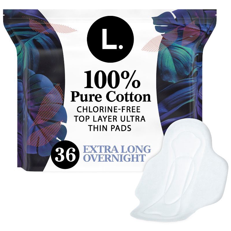 slide 1 of 10, L . Pure Cotton Chlorine Free Top Layer Ultra Thin With Wing Overnight Unscented Absorbency Pads With Wings - 36ct, 36 ct