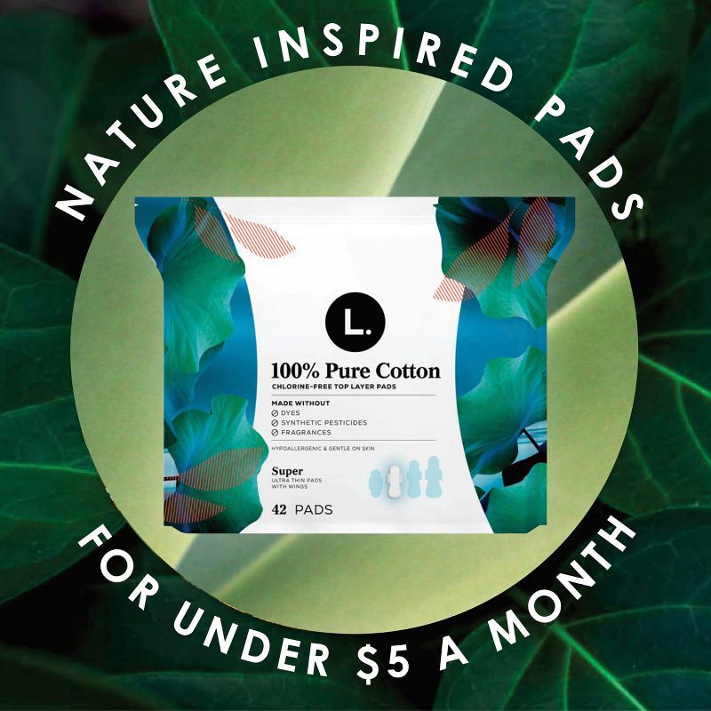 slide 6 of 10, L . Pure Cotton Chlorine Free Top Layer Ultra Thin With Wing Overnight Unscented Absorbency Pads With Wings - 36ct, 36 ct