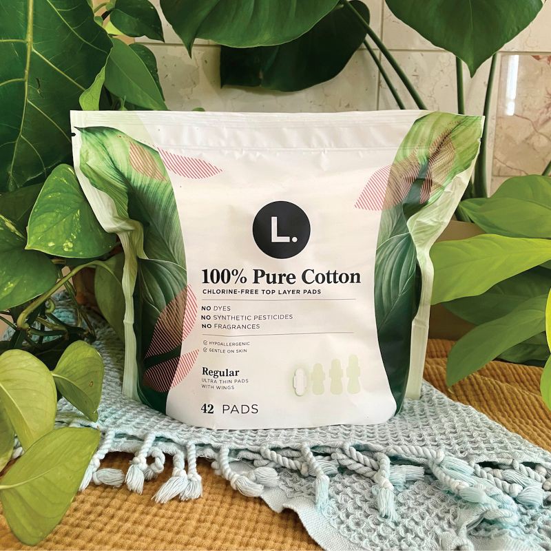 slide 5 of 10, L . Pure Cotton Chlorine Free Top Layer Ultra Thin With Wing Overnight Unscented Absorbency Pads With Wings - 36ct, 36 ct