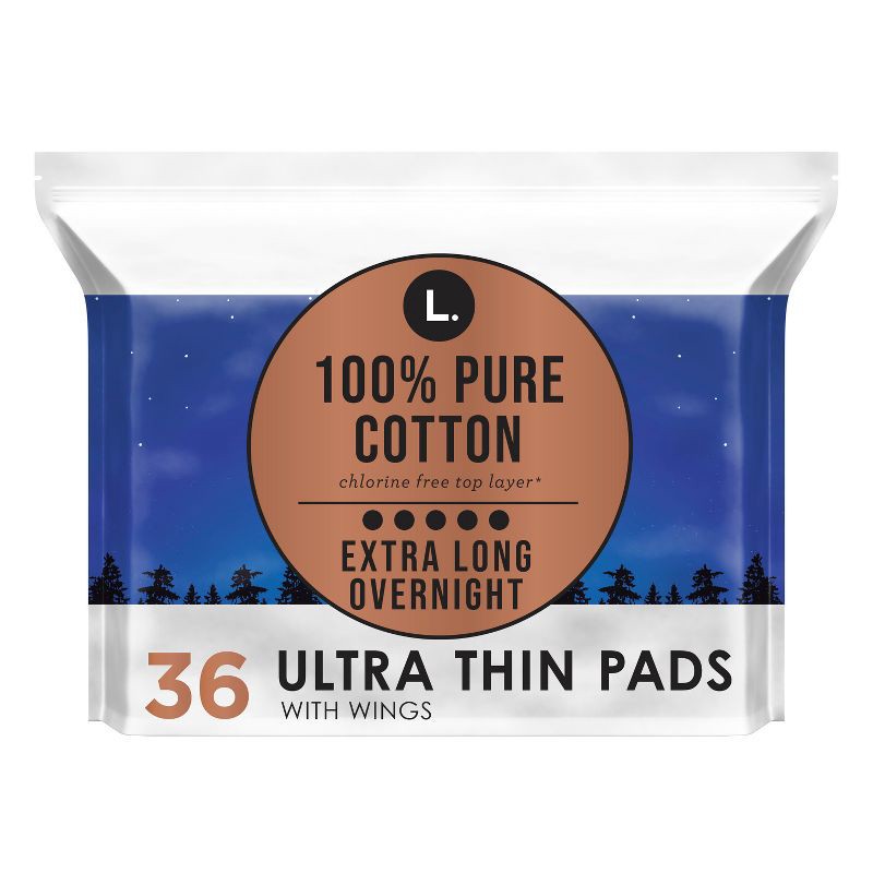 slide 1 of 10, L . Pure Cotton Chlorine Free Top Layer Ultra Thin With Wing Overnight Unscented Absorbency Pads With Wings - 36ct, 36 ct