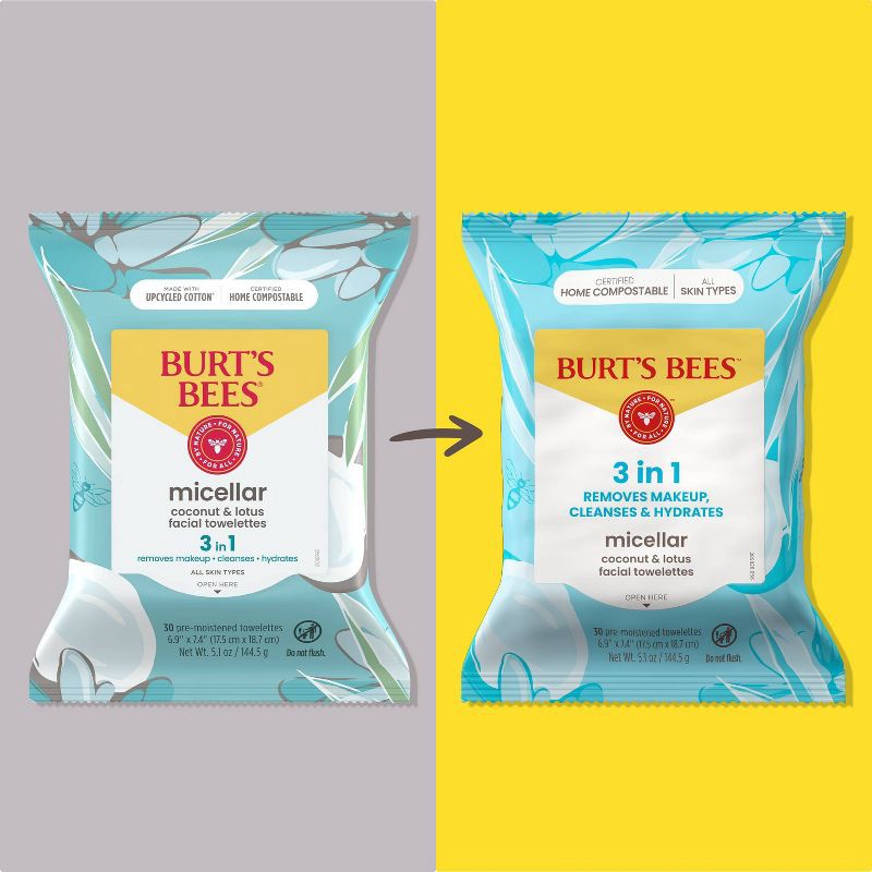 slide 3 of 9, Burt's Bees Facial Cleansing Towelettes Micellar Makeup Remover Wipes - Coconut & Lotus - 30ct, 30 ct