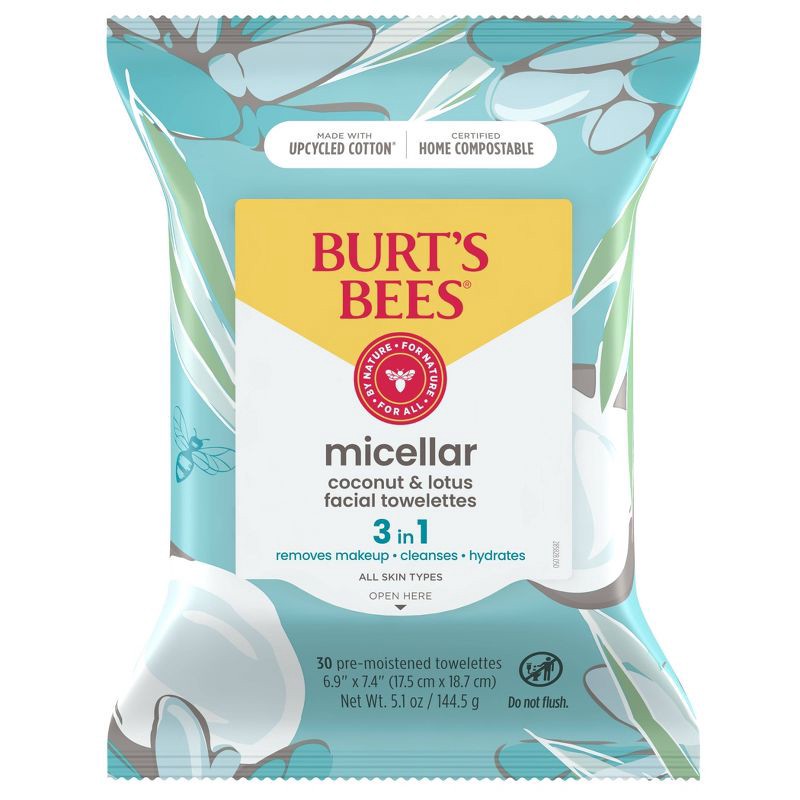 slide 1 of 20, Burt's Bees Facial Cleansing Towelettes Micellar Coconut & Lotus - Unscented - 30ct, 30 ct