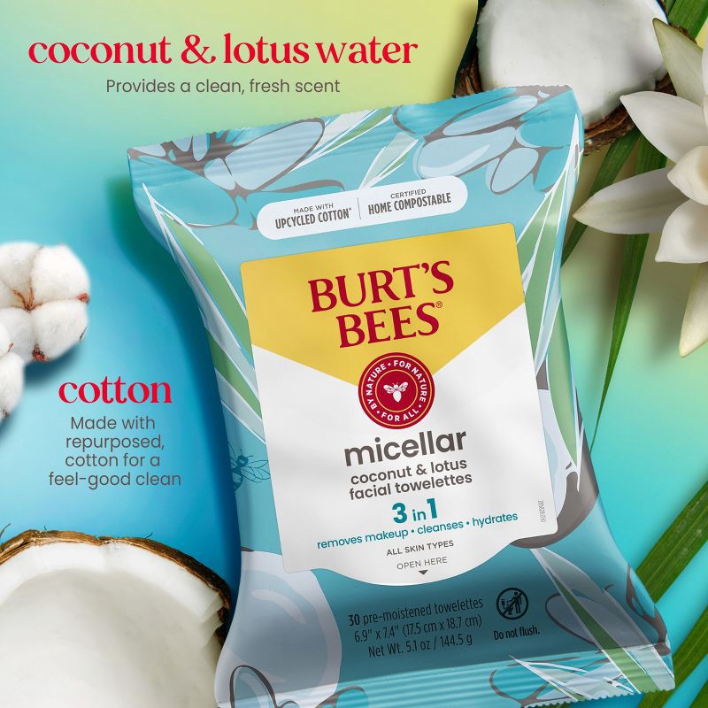 slide 5 of 20, Burt's Bees Facial Cleansing Towelettes Micellar Coconut & Lotus - Unscented - 30ct, 30 ct