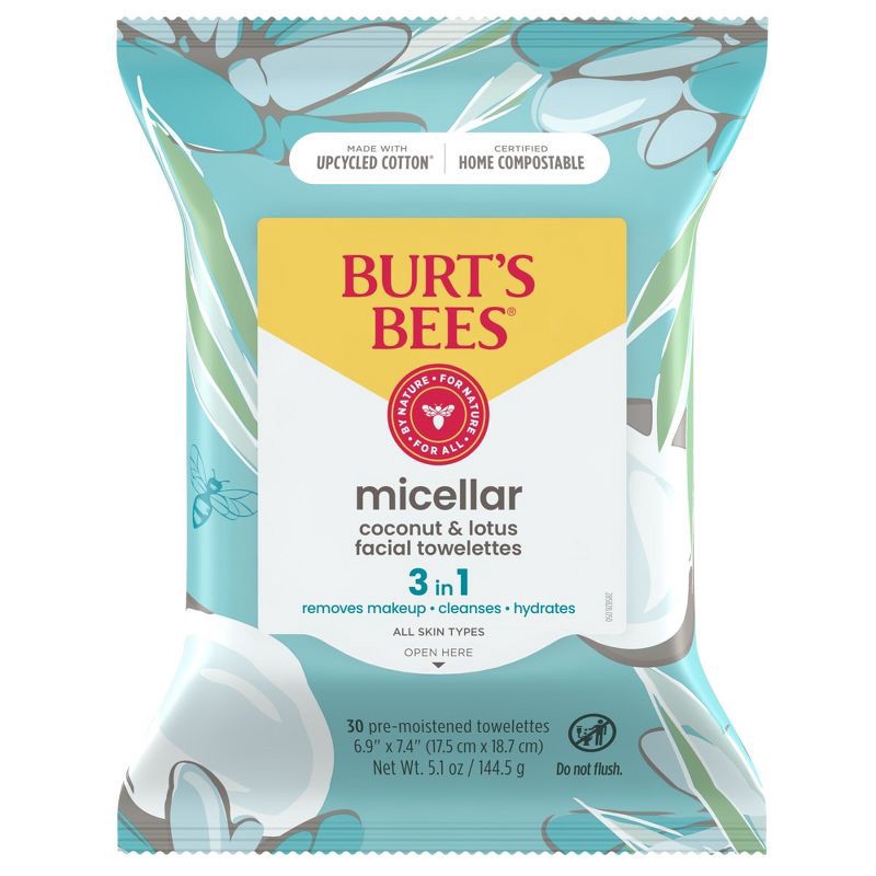 slide 1 of 22, Burt's Bees Facial Cleansing Towelettes Micellar Coconut & Lotus - Unscented - 30ct, 30 ct