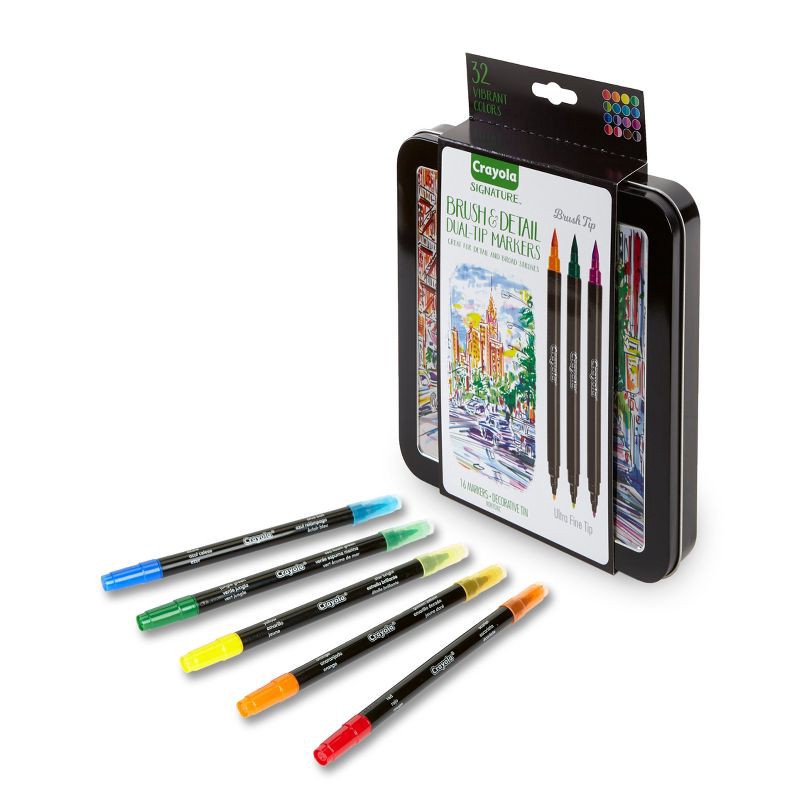 slide 2 of 6, Crayola Signature 16ct Brush & Detail Dual Tip Markers - 32 Colors: Artist Markers for Drawing & Adult Coloring, 16 ct