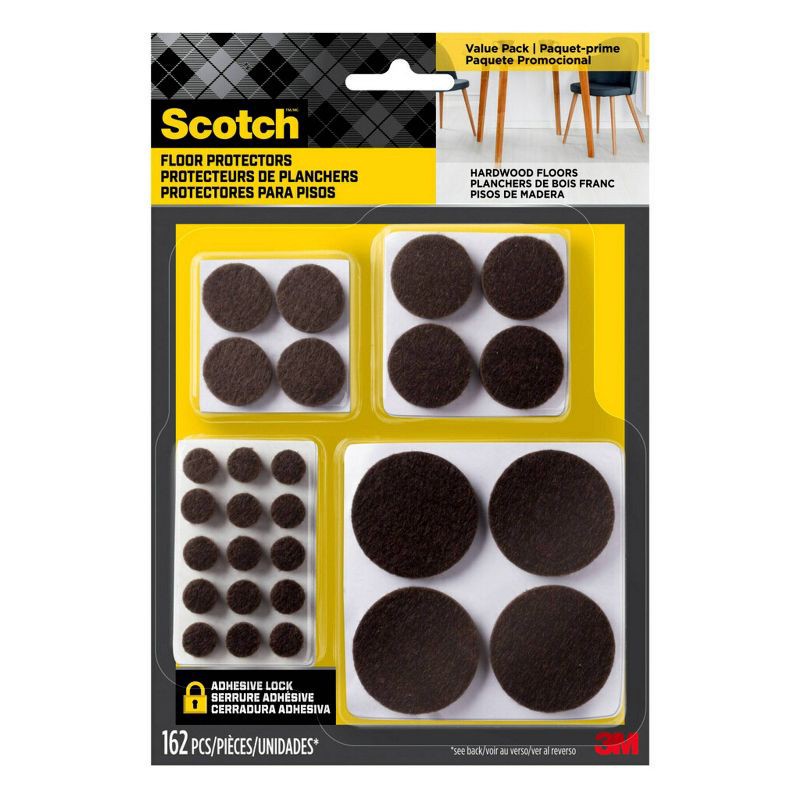 slide 1 of 9, Scotch 162pk Felt Pads Brown: Furniture Pads for Hardwood Floors, PET Material, 2" x 2", 0.2" Thick, 162 ct