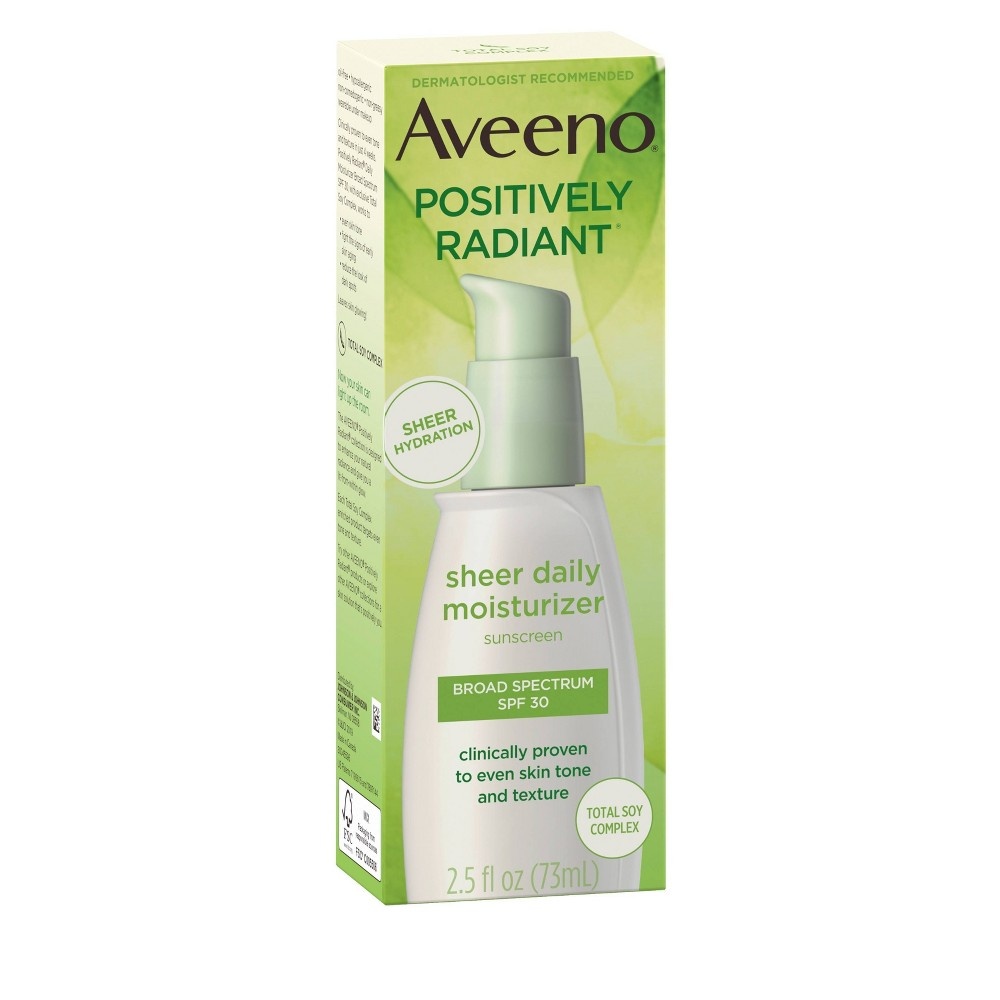 slide 3 of 12, Aveeno Positively Radiant Sheer Daily Moisturizing Lotion - Dry Skin - SPF 30 - 2.5 fl oz, 30 ct; 2.5 fl oz