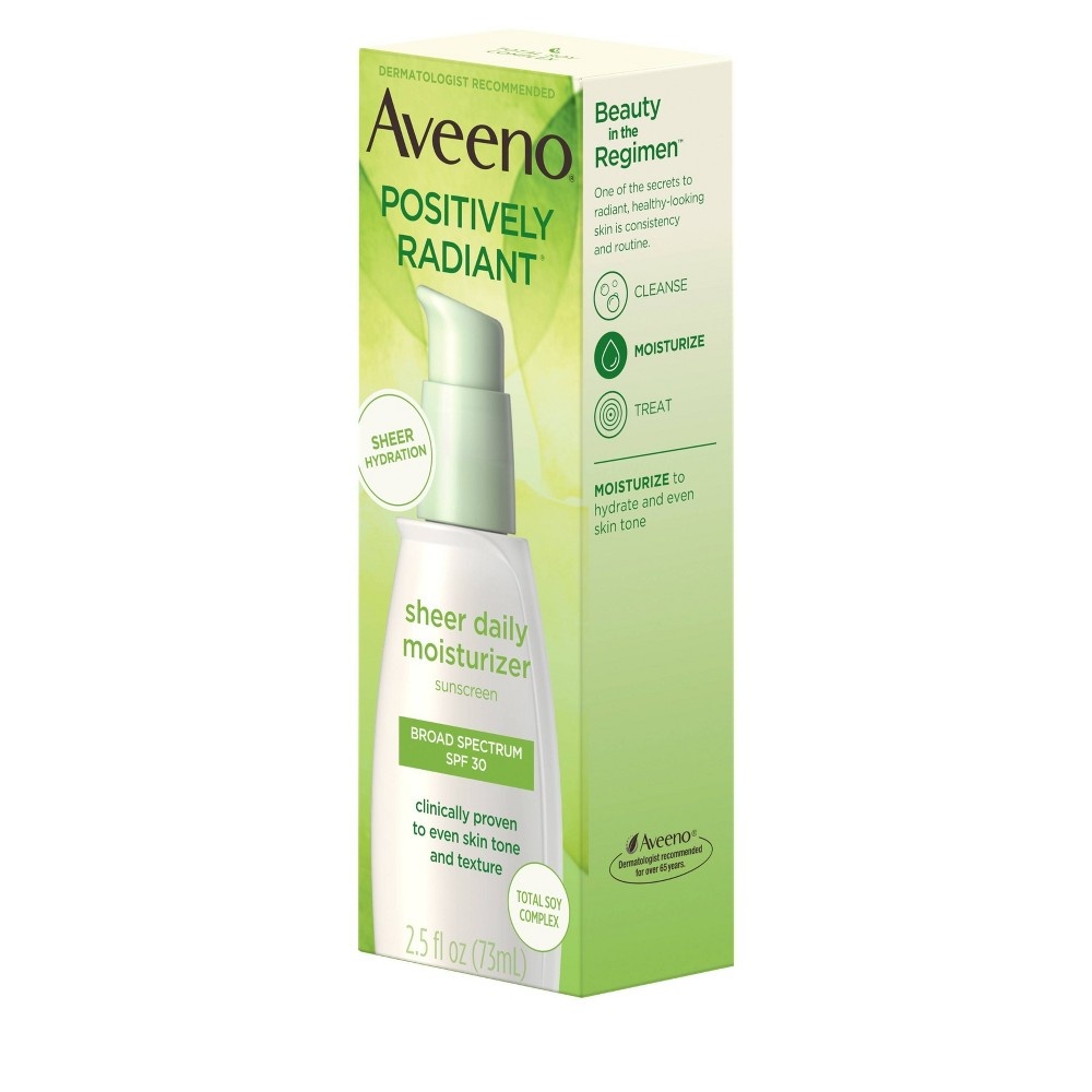 slide 10 of 12, Aveeno Positively Radiant Sheer Daily Moisturizing Lotion - Dry Skin - SPF 30 - 2.5 fl oz, 30 ct; 2.5 fl oz