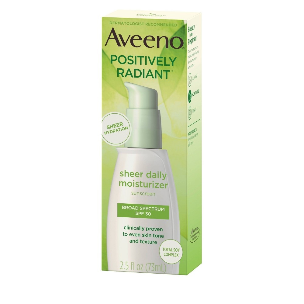 slide 11 of 12, Aveeno Positively Radiant Sheer Daily Moisturizing Lotion - Dry Skin - SPF 30 - 2.5 fl oz, 30 ct; 2.5 fl oz