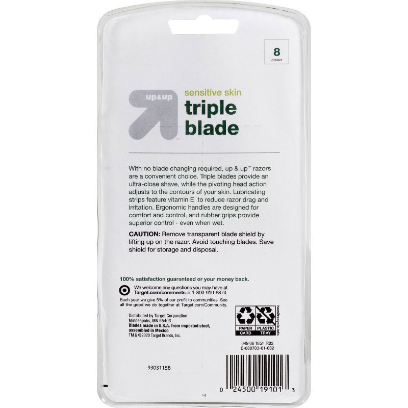 slide 8 of 8, Men's Triple Blade Sensitive Skin Disposable Razor - 8ct - up&up™, 8 ct