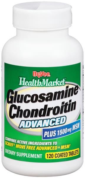 slide 1 of 1, Hy-Vee HealthMarket Glucosamine Chondroitin Advanced Plus 1500 mg Msm Dietary Supplement Coated Tablets, 120 ct