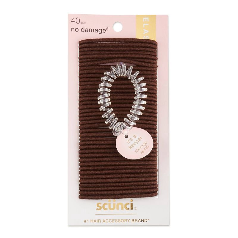 slide 1 of 7, scunci No Damage Elastic Hair Ties with Bonus Ring Holder - Brown - 4mm/40ct, 40 ct