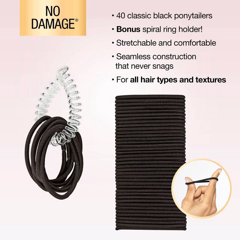 slide 5 of 8, scunci scünci No Damage Elastic Hair Ties with Spiral Ring Holder - Black - All Hair - 40pcs, 40 ct