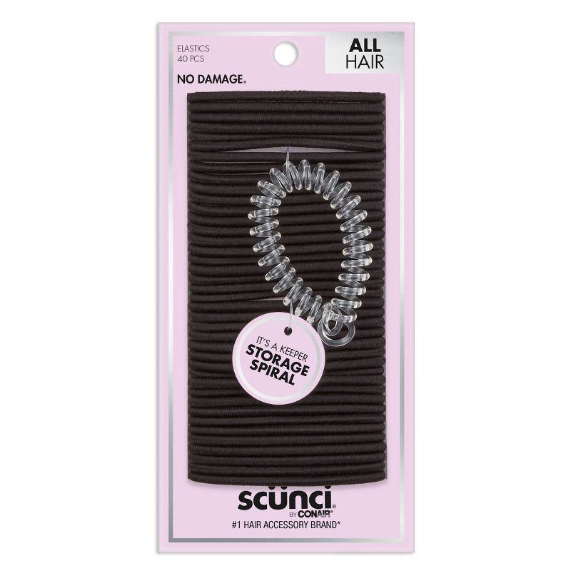 slide 1 of 8, scunci scünci No Damage Elastic Hair Ties with Spiral Ring Holder - Black - All Hair - 40pcs, 40 ct