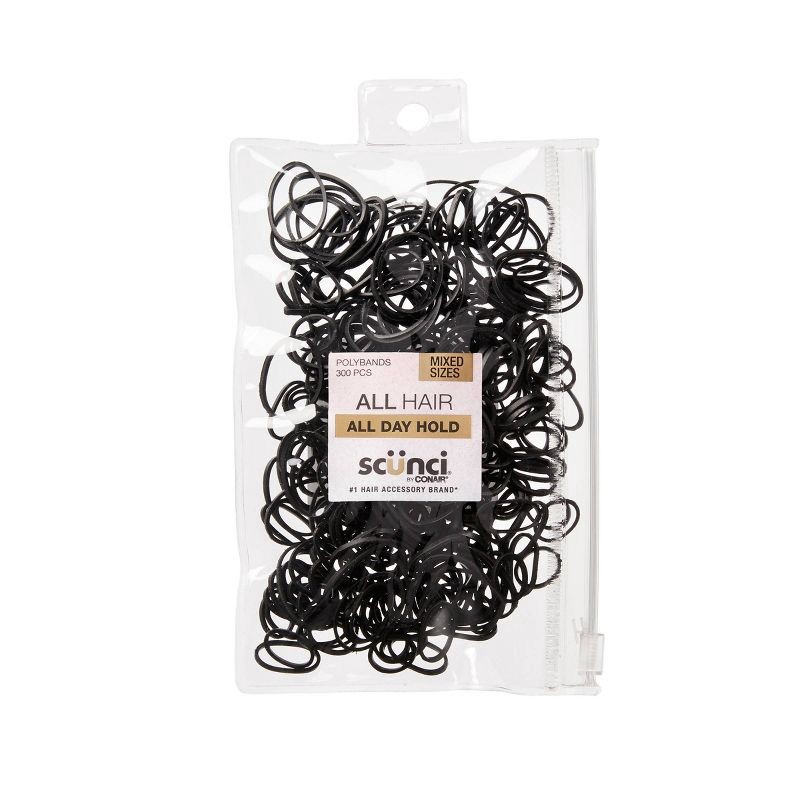 slide 1 of 8, scunci scünci Mixed Size Polyband Elastic Hair Ties - Black - All Hair - 300pcs, 300 ct
