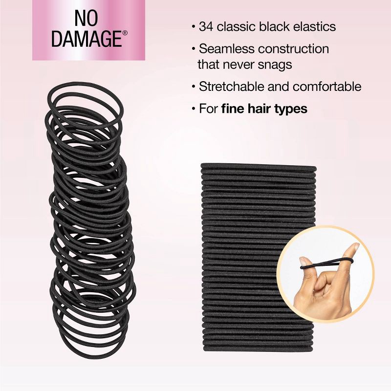 slide 3 of 8, scunci scünci No Damage Elastic Hair Ties - Black - Fine Hair - 2mm - 34pcs, 34 ct