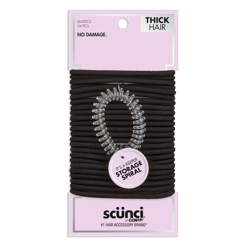 slide 1 of 9, scunci scünci No Damage Elastic Hair Ties with Storage Ring - Thick Hair - Black - 24pcs, 24 ct